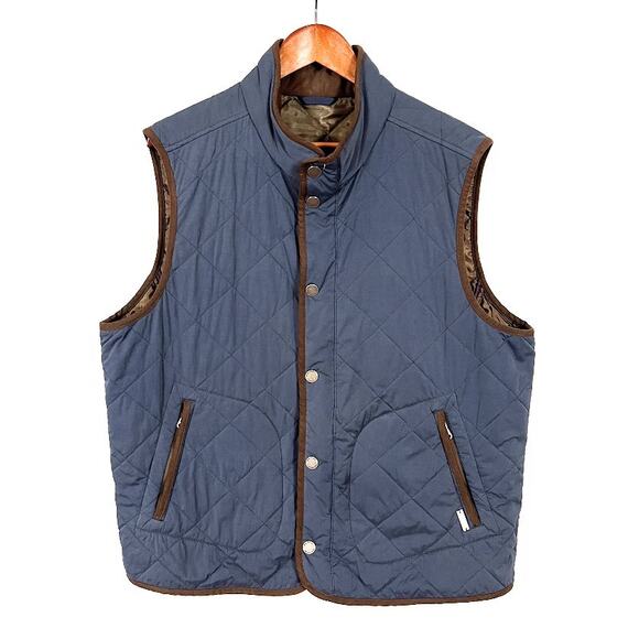 Tommy Hilfiger Quilted Lightweight Button Up Vest Navy Brown Trim Men sz Large - Picture 1 of 8